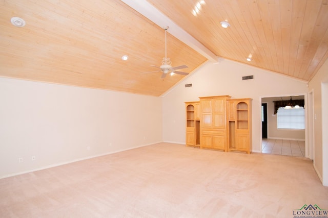 additional living space featuring light colored carpet, ceiling fan, beam ceiling, high vaulted ceiling, and wooden ceiling