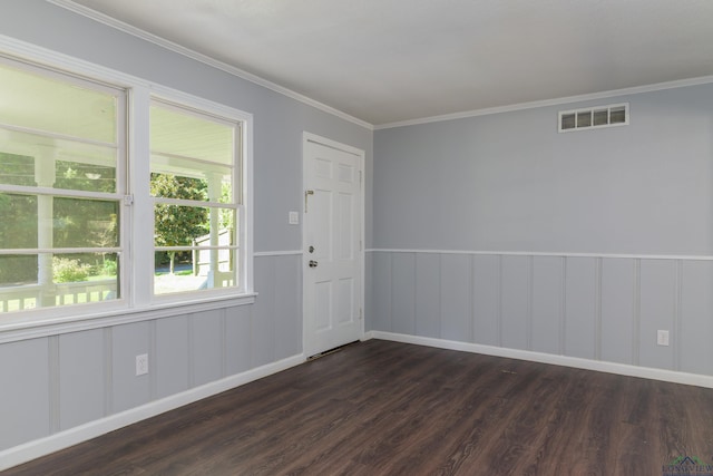 interior space with crown molding and dark wood-type flooring