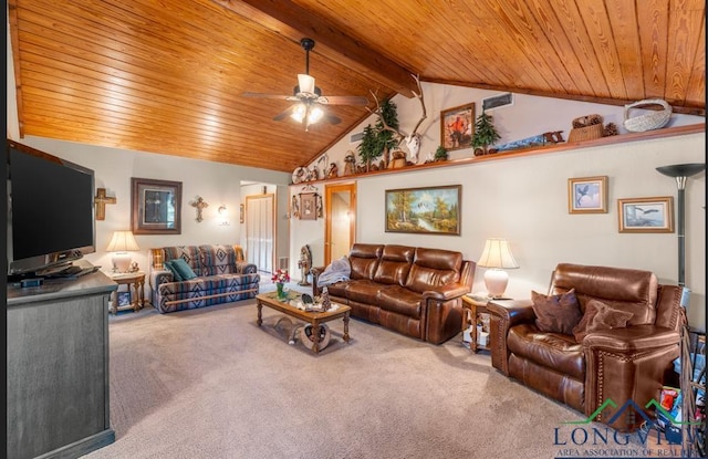 carpeted living room featuring vaulted ceiling with beams, ceiling fan, and wood ceiling