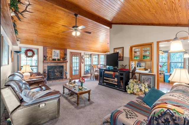 carpeted living room featuring beam ceiling, high vaulted ceiling, ceiling fan, and wood ceiling