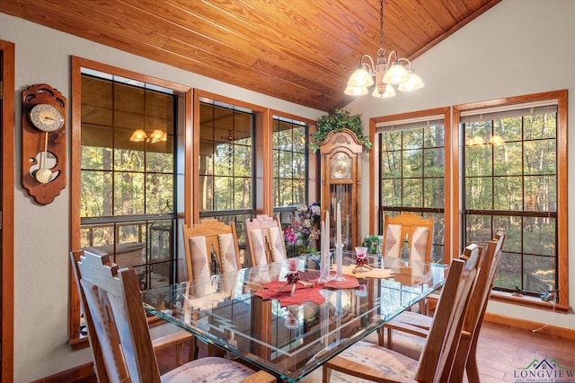 dining area featuring a notable chandelier, wood-type flooring, wood ceiling, and lofted ceiling