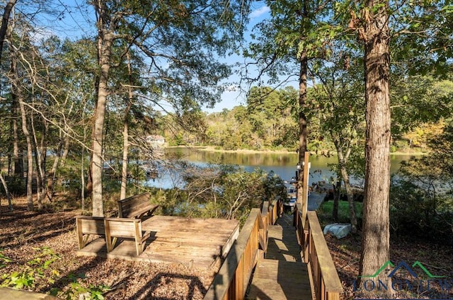 view of dock with a water view