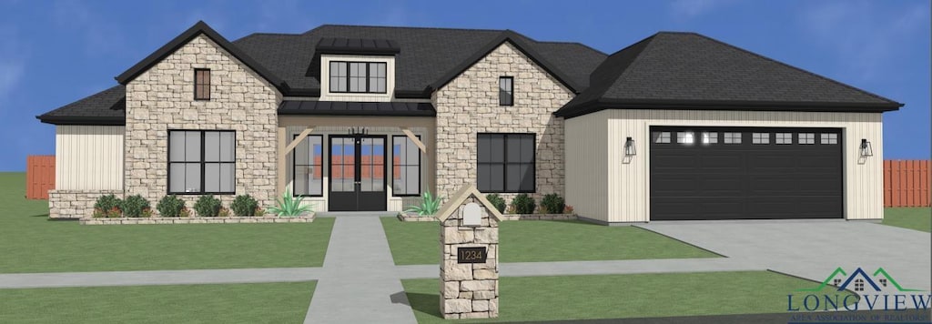 5601 Grey Hawk Ln, Longview, TX 75605 - view of front of home with stone siding, a garage, roof with shingles, a standing seam roof, and metal roof