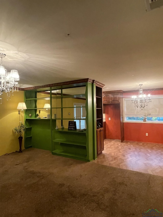 201 Mockingbird Ln, Longview, TX 75601 - unfurnished living room featuring a chandelier and carpet floors