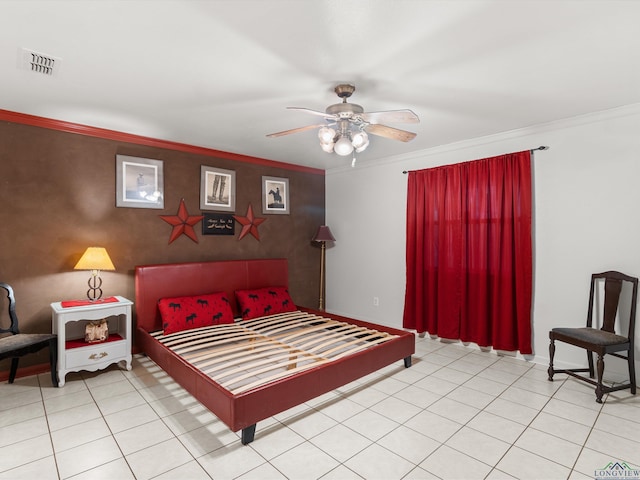 tiled bedroom with crown molding and ceiling fan