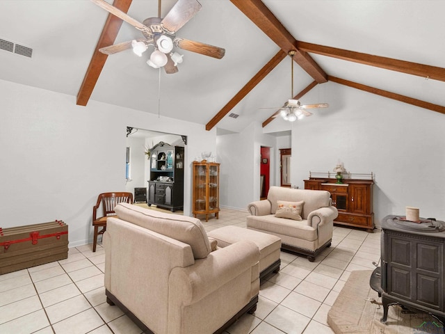 tiled living room with beam ceiling, high vaulted ceiling, and ceiling fan