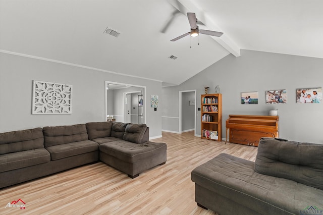 living area featuring visible vents, light wood-style flooring, lofted ceiling with beams, ceiling fan, and baseboards