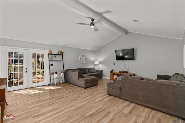 living room featuring ceiling fan, lofted ceiling with beams, visible vents, french doors, and light wood finished floors