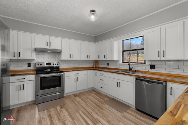 kitchen featuring under cabinet range hood, butcher block countertops, appliances with stainless steel finishes, and a sink