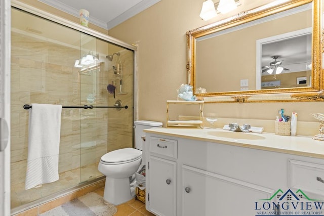 bathroom featuring crown molding, a shower stall, toilet, and vanity