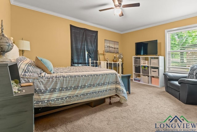carpeted bedroom with ornamental molding