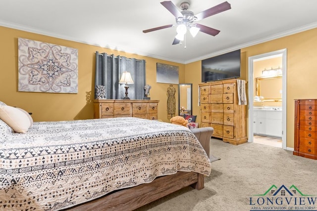 bedroom featuring a ceiling fan, baseboards, connected bathroom, ornamental molding, and carpet flooring