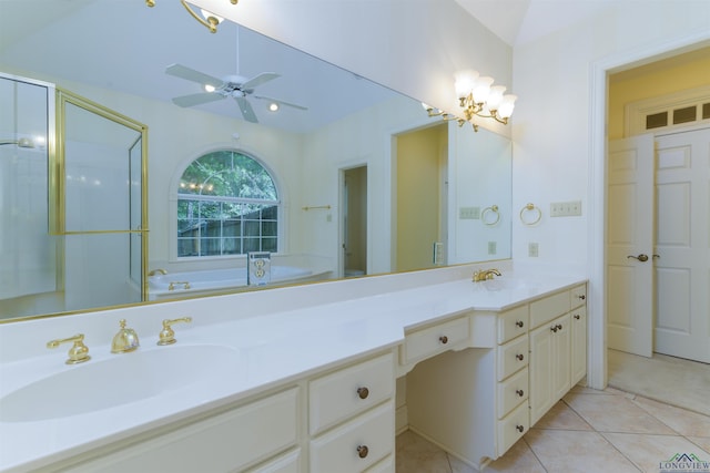 bathroom featuring tile patterned floors, vanity, ceiling fan, shower with separate bathtub, and lofted ceiling