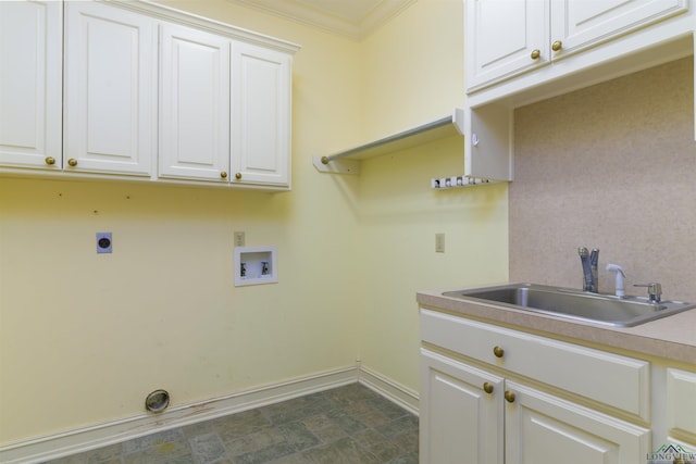 laundry room featuring sink, cabinets, hookup for an electric dryer, hookup for a washing machine, and ornamental molding