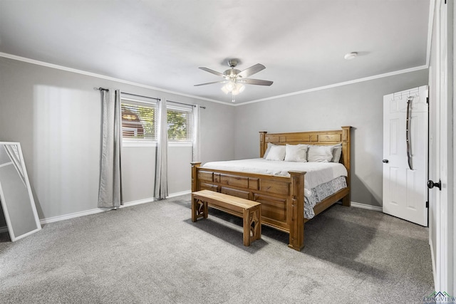 bedroom featuring carpet flooring, crown molding, baseboards, and ceiling fan