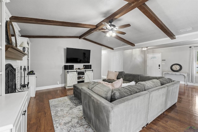 living area with baseboards, visible vents, a ceiling fan, a fireplace, and dark wood-type flooring