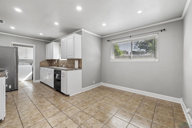 kitchen with dishwasher, backsplash, washer / dryer, and ornamental molding