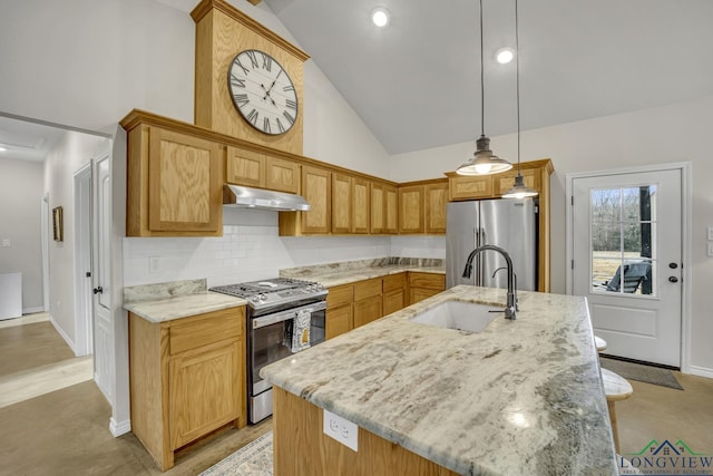 17255 Stella Maris St, Winona, TX 75792 - kitchen with an island with sink, a sink, under cabinet range hood, stainless steel appliances, and decorative backsplash