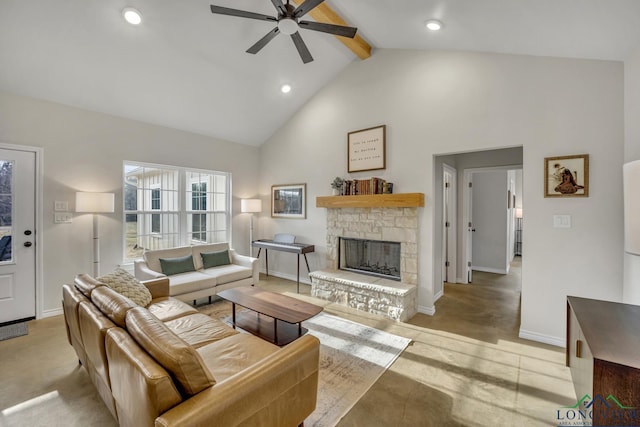 17255 Stella Maris St, Winona, TX 75792 - living room with beam ceiling, a fireplace, baseboards, and high vaulted ceiling