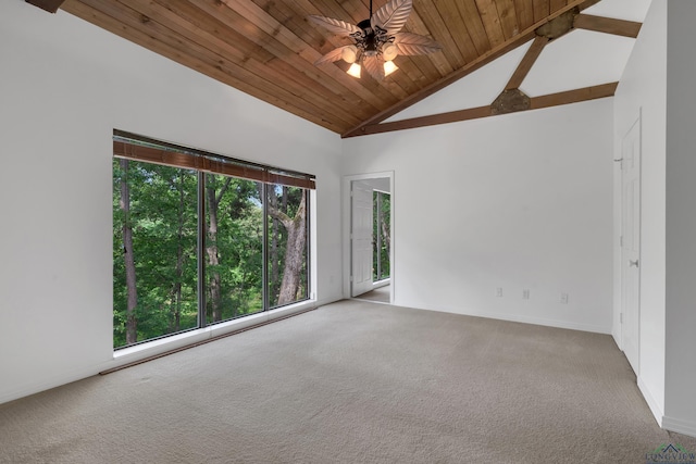 unfurnished room featuring carpet, ceiling fan, high vaulted ceiling, and wood ceiling