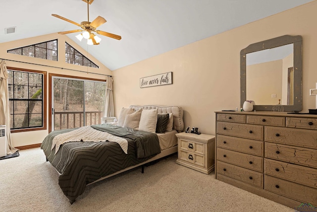 carpeted bedroom featuring ceiling fan, high vaulted ceiling, and visible vents