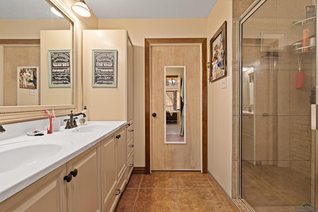 bathroom featuring a sink, a shower stall, and tile patterned floors