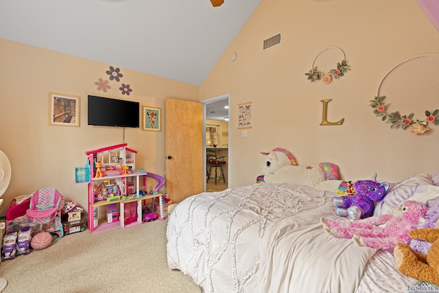 carpeted bedroom with ceiling fan, high vaulted ceiling, and visible vents