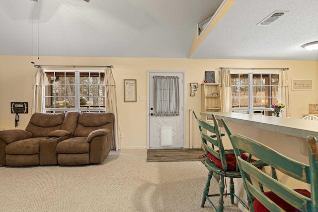 living room featuring lofted ceiling, visible vents, a textured ceiling, and baseboards