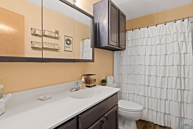 bathroom with toilet, a shower with curtain, a textured ceiling, and vanity