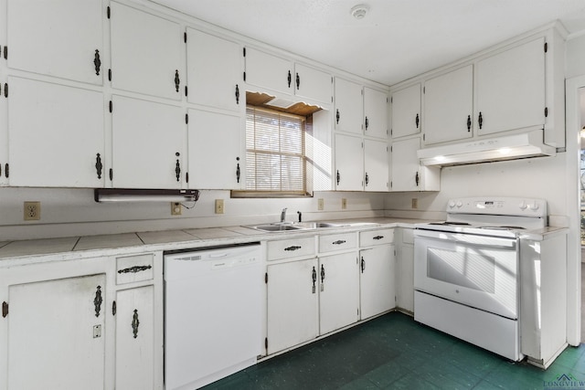 kitchen featuring white cabinets, white appliances, and sink