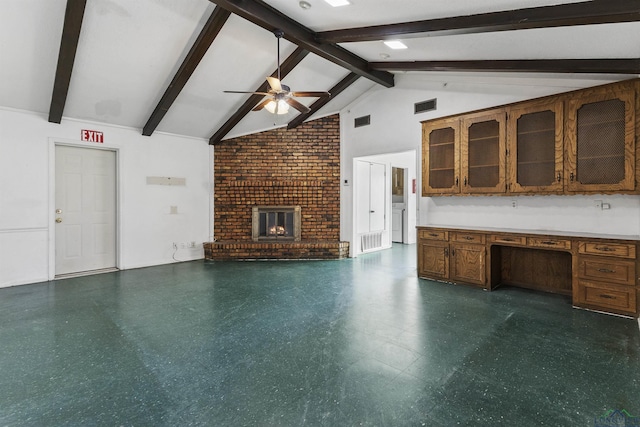 unfurnished living room featuring ceiling fan, a fireplace, high vaulted ceiling, and beamed ceiling