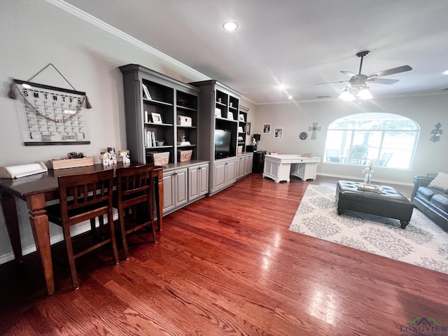 living area featuring ornamental molding, a ceiling fan, recessed lighting, and dark wood-style floors