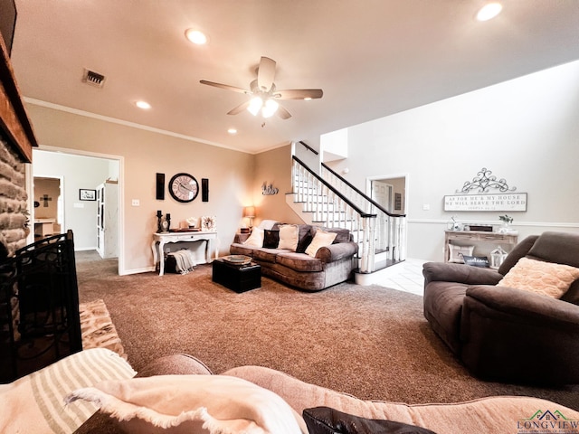 living area with visible vents, ornamental molding, stairs, carpet flooring, and recessed lighting