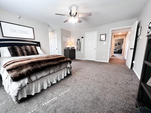 bedroom featuring carpet, a ceiling fan, and baseboards