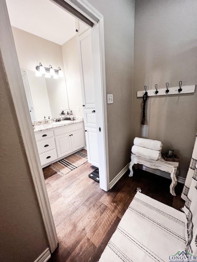 bathroom with baseboards, wood finished floors, and vanity