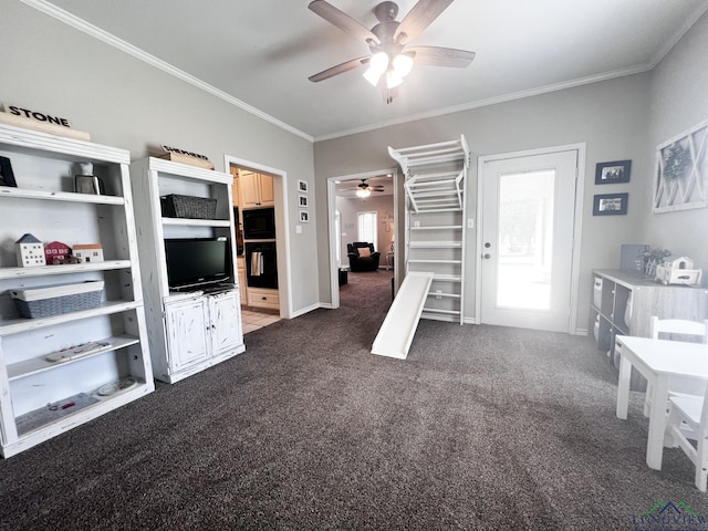 living area featuring carpet floors, a ceiling fan, baseboards, ornamental molding, and stairway