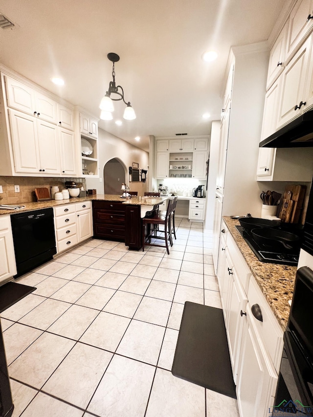 kitchen featuring light tile patterned floors, open shelves, black appliances, and white cabinets