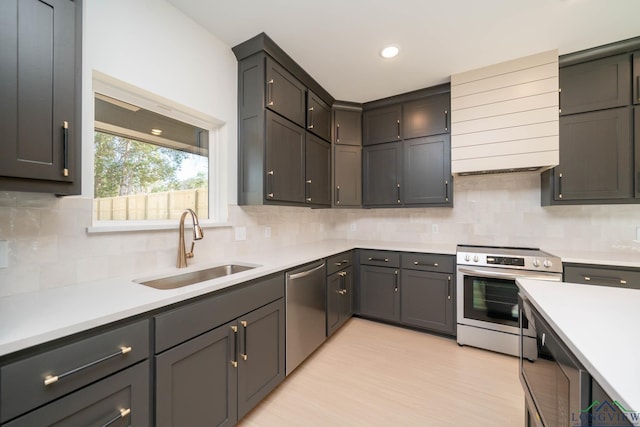 kitchen featuring backsplash, appliances with stainless steel finishes, light countertops, and a sink