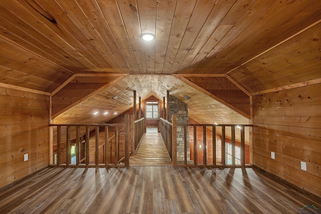 bonus room featuring lofted ceiling, wood-type flooring, wood ceiling, and wood walls