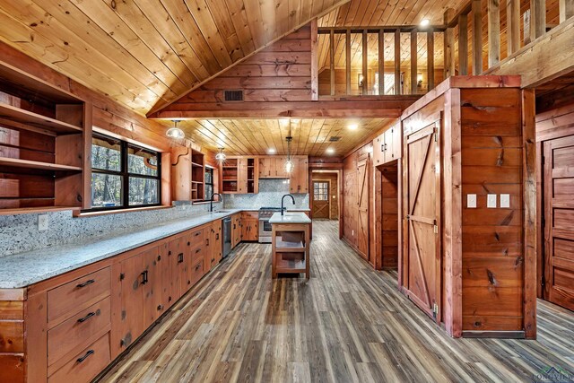 kitchen with sink, hanging light fixtures, an island with sink, dark hardwood / wood-style flooring, and wooden ceiling