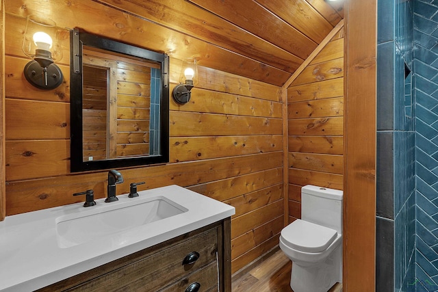 bathroom featuring toilet, wood walls, wooden ceiling, vaulted ceiling, and vanity