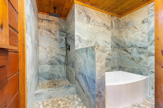 bathroom with wooden ceiling and independent shower and bath