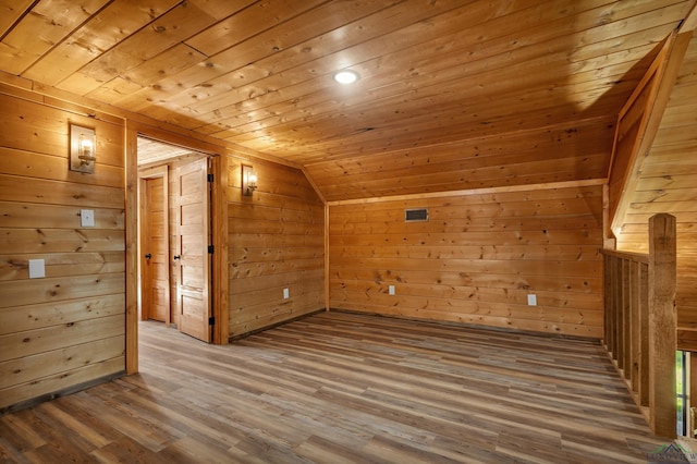 additional living space with wooden ceiling, hardwood / wood-style floors, lofted ceiling, and wood walls