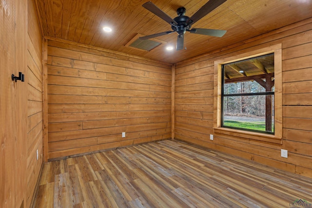 unfurnished room with wood ceiling, hardwood / wood-style floors, and wooden walls