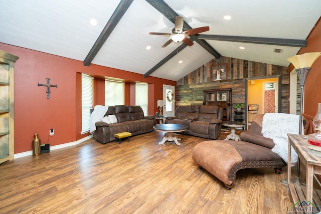 342 W Doctors Rd, Longview, TX 75602 - living area featuring light wood-type flooring, baseboards, ceiling fan, wooden walls, and recessed lighting