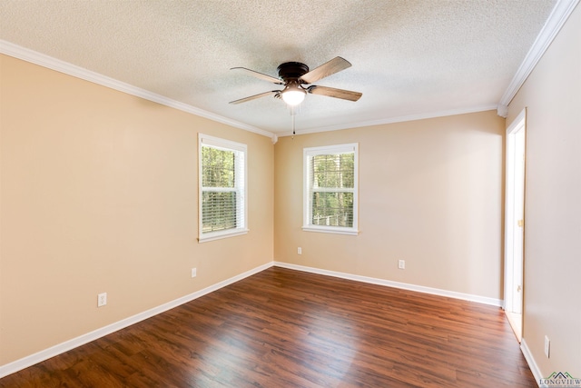 unfurnished room with crown molding, dark hardwood / wood-style flooring, ceiling fan, and a textured ceiling