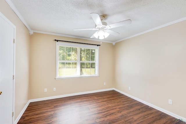 empty room with a textured ceiling, crown molding, ceiling fan, and dark wood-type flooring