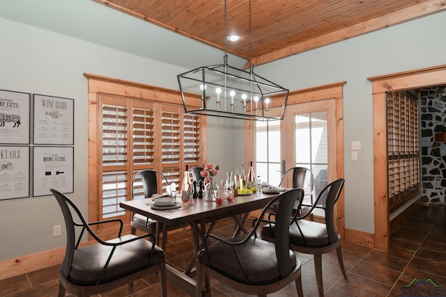 dining room with wooden ceiling and a notable chandelier