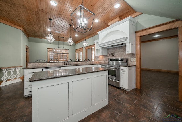 kitchen featuring wooden ceiling, hanging light fixtures, stainless steel appliances, kitchen peninsula, and white cabinets