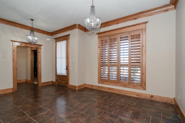 unfurnished room featuring a chandelier and ornamental molding